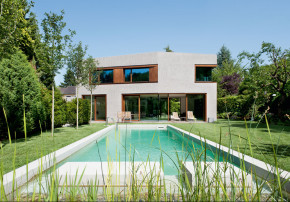 Lynx Architecture Einfamilienhaus gestockter Beton Gartenfassade Pool